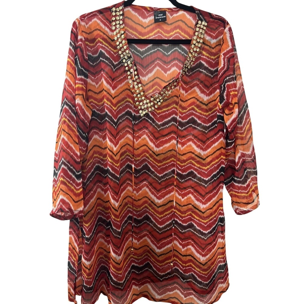 Ace Fashion Zigzag Chevron Tunic M Orange Gold Beaded V-Neck Boho Festival Beach